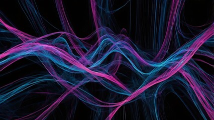 Canvas Print - Fractal vibrant pink and blue waves on black screen abstract background