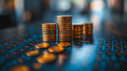 Wall Mural - A stack of coins on a table with a blue background