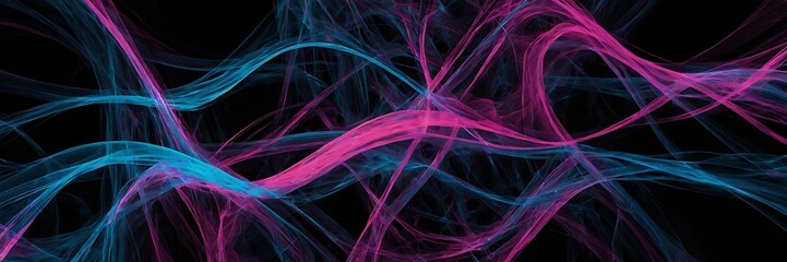 Canvas Print - Fractal vibrant pink and blue waves on black screen abstract background