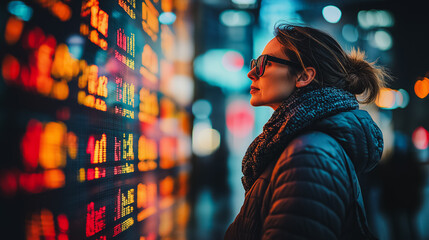 A woman is looking at a large screen with many numbers on it. She is wearing a black coat and a scarf