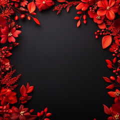 A red flower border is drawn around a black background. The red flowers are arranged in a way that creates a sense of movement and flow