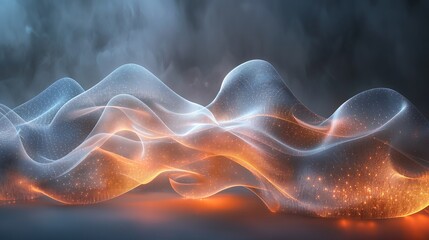 Wall Mural - Ethereal light waves with glowing orange and blue highlights against a dark, misty background