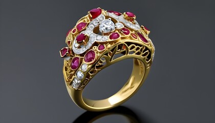 Wall Mural - Elegant gold ring adorned with intricate designs, shimmering diamonds, and vibrant rubies