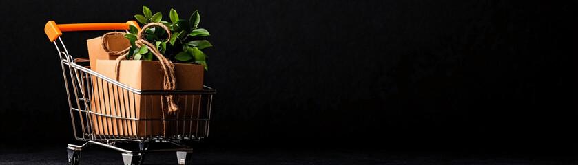 Wall Mural - a shopping cart is filled with a box and a plant. the cart is on a black background