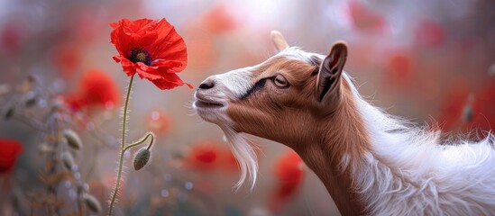 Photo Of A Cute Brown And White Pygmy Goat Sniffing Looking At A Red Poppy