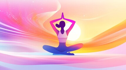 Sticker - 36. A vibrant International Yoga Day banner design featuring a vector illustration of a woman in a yoga pose, set against a clean and modern background