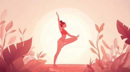 Wall Mural - 37. A stylish poster template for International Yoga Day showcasing a vector illustration of a woman performing a yoga pose, with a balanced and elegant design