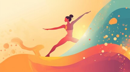 Wall Mural - 38. A dynamic International Yoga Day banner with a vector illustration of a woman in a yoga pose, incorporating modern design elements and a harmonious color palette