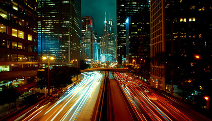 A bustling city at night, with skyscrapers illuminated and traffic creating streaks of light