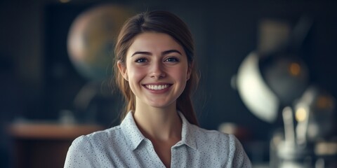 Wall Mural - A smiling young woman stands confidently in a modern setting. Her warm expression reflects positivity and approachability. This portrait captures a vibrant, friendly atmosphere. AI