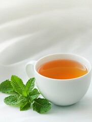 A white cup with a green leaf on top of it