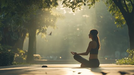 89. A young woman performing yoga on a mat in a beautiful park during early morning hours, with birds chirping and the first light of day creating a calming ambiance