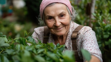 Elderly woman enjoying gardening in springtime village setting for poster or print