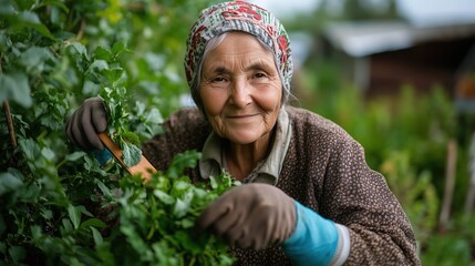 Elderly woman enjoying gardening in her village garden during springtime