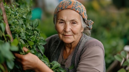 Elderly woman trimming bushes in village garden for spring renewal and tranquility