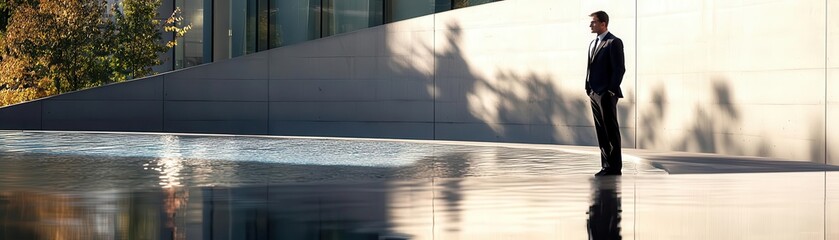 A businessman stands confidently near a reflective pool, showcasing modern architecture and a serene outdoor environment.