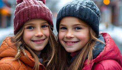 Joyful winter portrait of two smiling girls outdoors in a snowy landscape