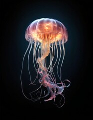 Wall Mural - A stunning close-up of a luminescent jellyfish gracefully floating in the dark water. The jellyfish's translucent body and glowing tentacles create an ethereal and mesmerizing display of marine life.