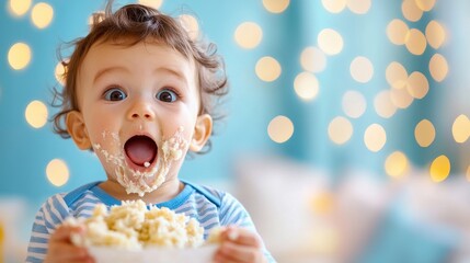 Carefree Child Enjoying Messy Meal with Joyful Expression