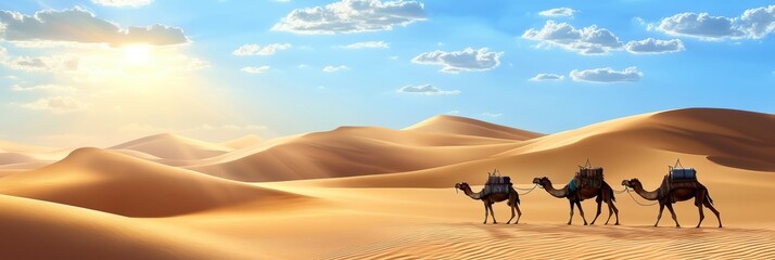 Peaceful desert travel background with a camel caravan making its way across vast dunes under the midday sun