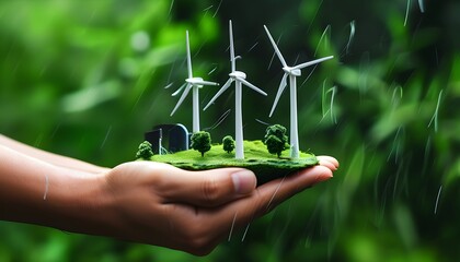 Wall Mural - Hand-held miniature wind generator symbolizing the future of green energy and alternative electricity solutions