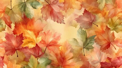 Poster - A vibrant pattern of autumn leaves fills the frame. These colorful leaves showcase warm hues of orange, yellow, and green. Perfect for seasonal designs. AI