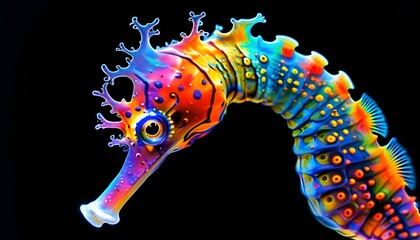 Wall Mural - Vibrant rainbow-hued seahorse radiating brilliance against a striking black backdrop