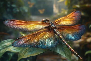 Dragonfly with iridescent wings in nature