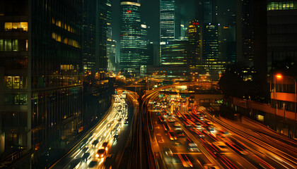 A bustling city at night, with skyscrapers illuminated and traffic creating streaks of light