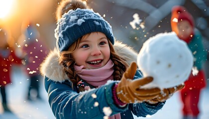 Wall Mural - Joyful winter play as children toss snowballs and laughter fills the snowy landscape