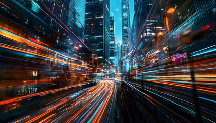 A bustling city at night, with skyscrapers illuminated and traffic creating streaks of light