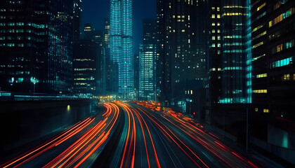 A bustling city at night, with skyscrapers illuminated and traffic creating streaks of light