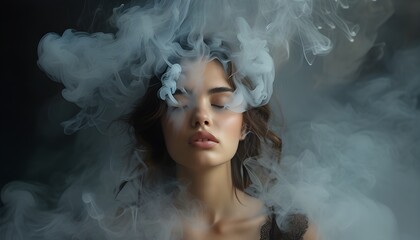 Wall Mural - Enigmatic Woman in Smoke: A Fusion of Modern Art, Fashion, and Emotional Expression