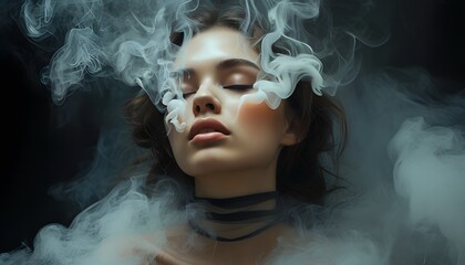 Wall Mural - Enigmatic Woman in Smoke: A Fusion of Modern Art, Fashion, and Emotional Expression