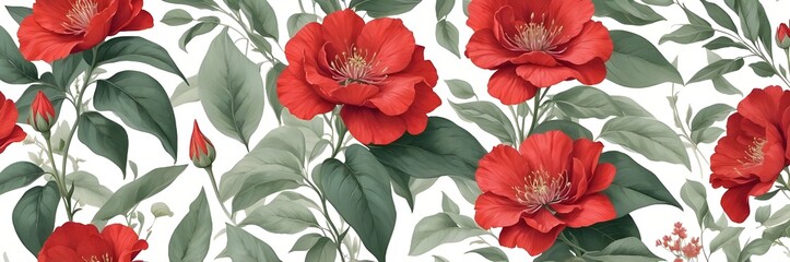 Wall Mural - Red flower pattern design with leaves