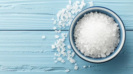 Close-up of coarse salt in a blue bowl on a wooden surface, showcasing natural textures and culinary simplicity.