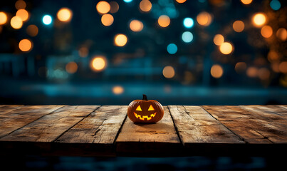 Wall Mural - Empty wooden table top with lights bokeh on blur restaurant background halloween background