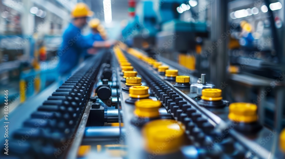 Manufacturing Teamwork Workers assembling parts on a conveyor belt in a modern manufacturing ...