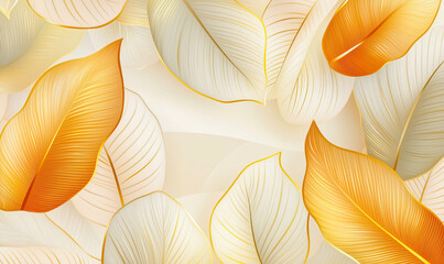 Wall Mural - A gold and white leafy background with a few leaves in the foreground