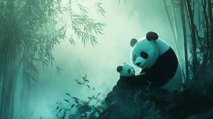 Canvas Print - A mother panda cradles her cub in a misty bamboo forest 