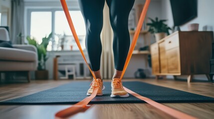 Woman in Orange Resistance Bands Workout in Living Room