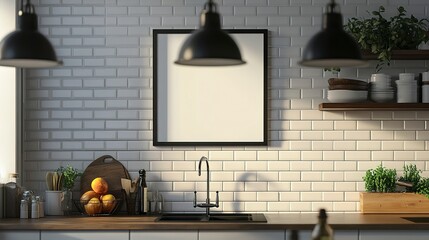 Wall Mural - A picture frame hanging on the wall above a kitchen counter 