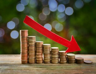 Stack of coins with a red downward arrow.