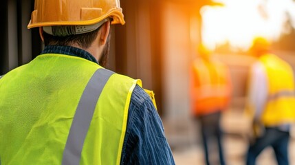 Construction worker in safety gear observing colleagues at a building site during sunset, promoting teamwork and safety.