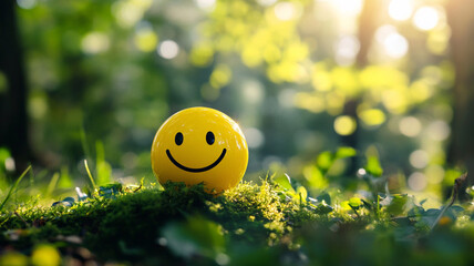 Celebrate World Smile Day with a cheerful yellow smiley face on a lush green forest floor