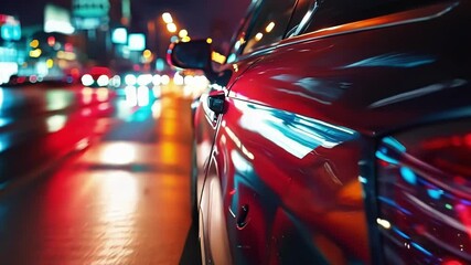 Canvas Print - Car is driving down a city street at night, with the lights of the city reflecting off its wet surface. The image is taken from a low angle, giving a sense of speed and movement