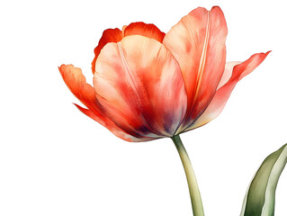 A close-up of a vibrant red and white tulip, showcasing its delicate petals and graceful stem against a dark background.