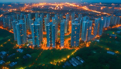 Wall Mural - Symmetrical urban cityscape illuminated at night showcasing tall buildings and lush green spaces from an aerial perspective