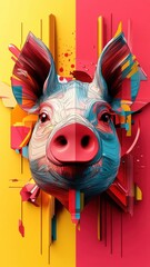 Wall Mural - Pig in a stylized 3D illustration, featuring geometric shapes and modern colors for a contemporary and creative representation.