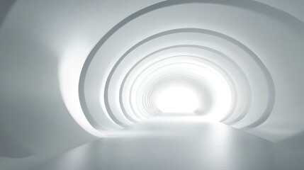 Wall Mural - Abstract 3D rendering of a white curved tunnel with minimalistic design, creating a modern, clean space. No people or logos.